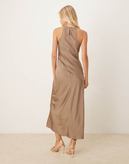 Vila racer satin midi dress in light brown