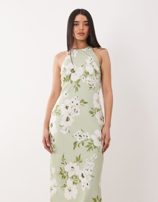 Vila racer satin midi dress in pale green floral print, 2 of 4