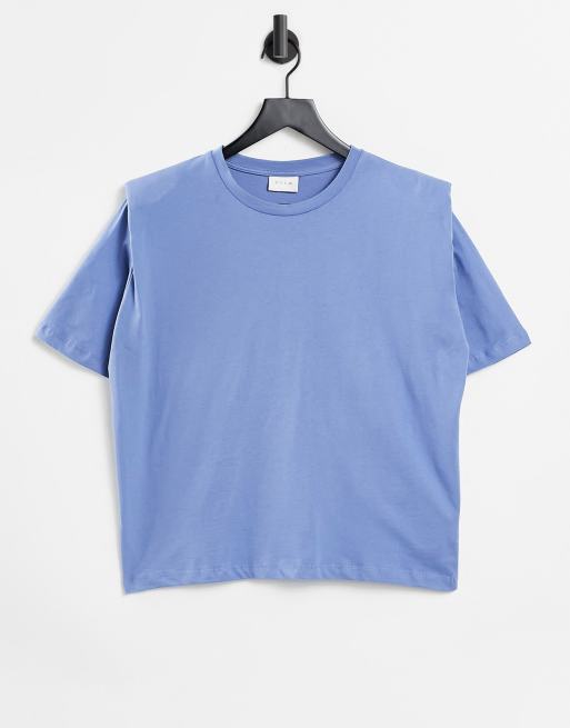 Vila Recht T shirt met korte mouwen en schoudervulling in blauw