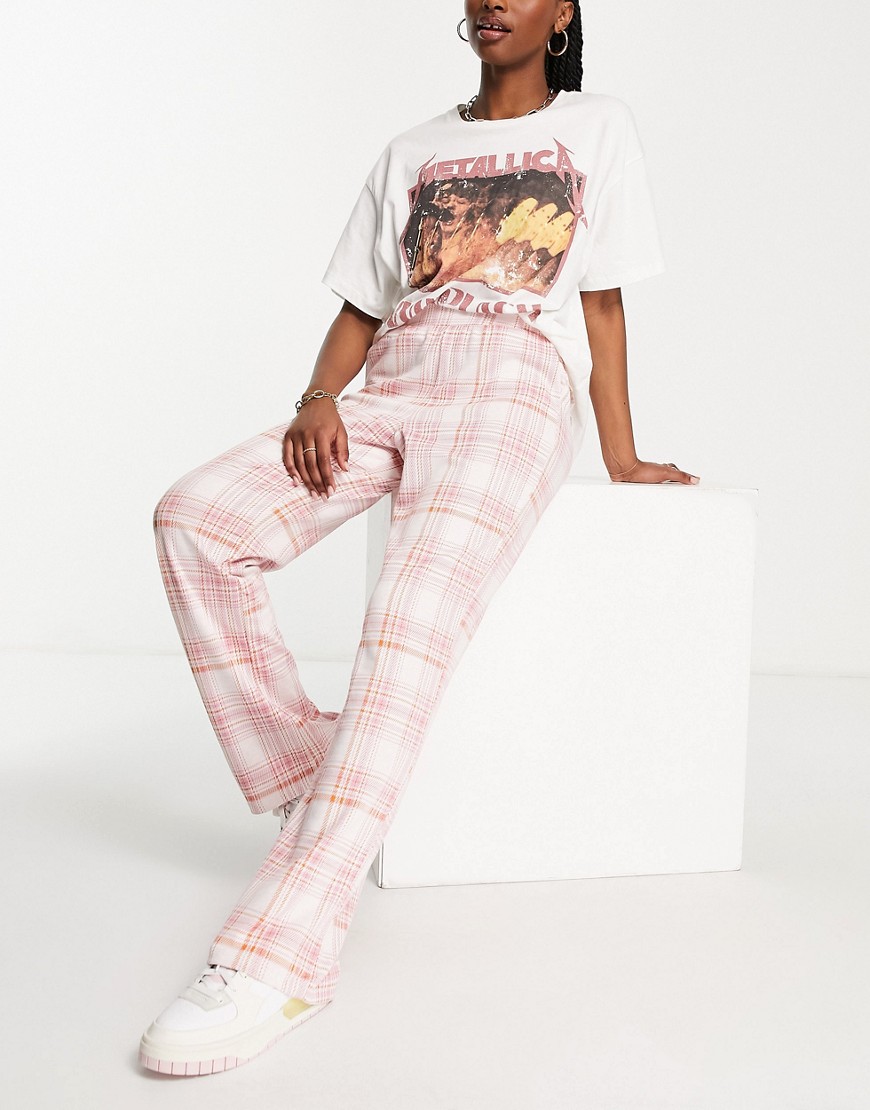 Vila recycled blend jersey wide leg pants in pink check