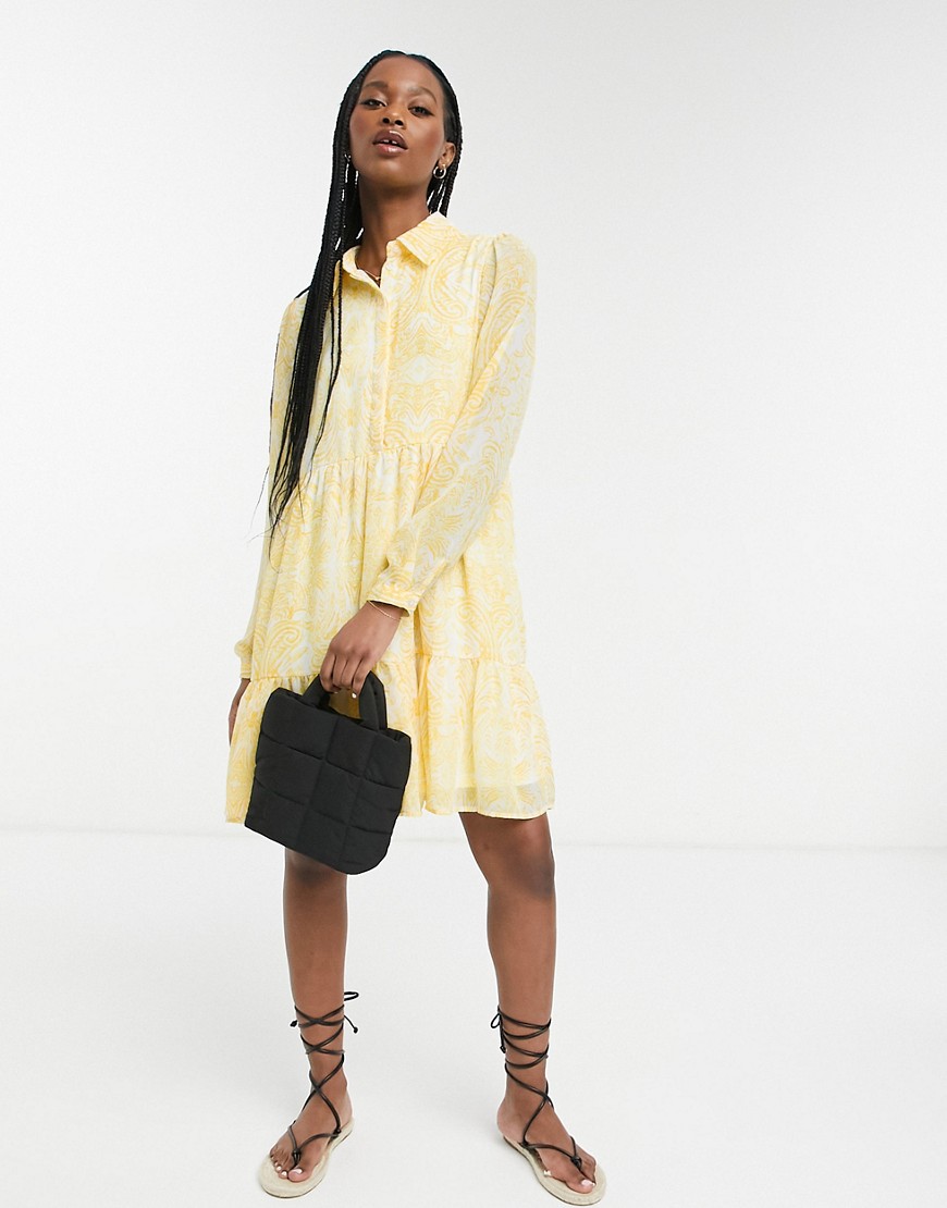 Vila recycled blend mini shirt dress with tiering in yellow floral