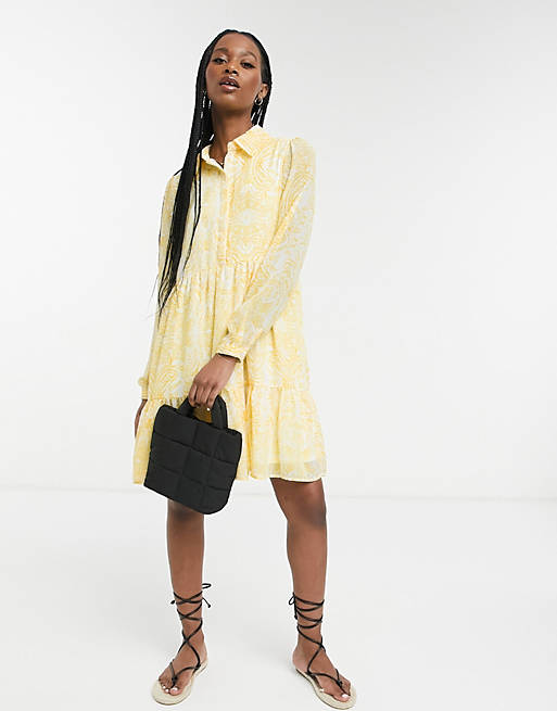 Women Vila recycled blend mini shirt dress with tiering in yellow floral 