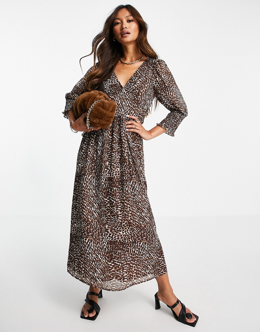 Vila recycled blend printed midi dress with shirred volume sleeve in leopard print-Brown