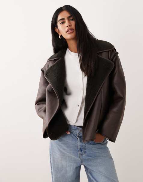 Vila reversible faux shearling jacket in dark brown