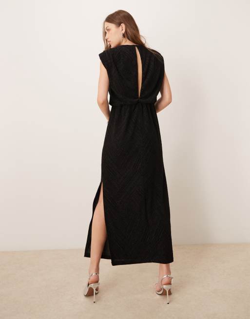 backless dress with sleeves for women Sheer Embellished Backless Maxi Dress in Black - 6