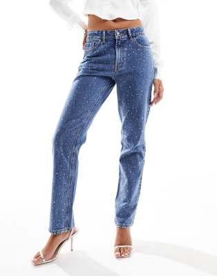 Vila rhinestone jeans in medium blue wash