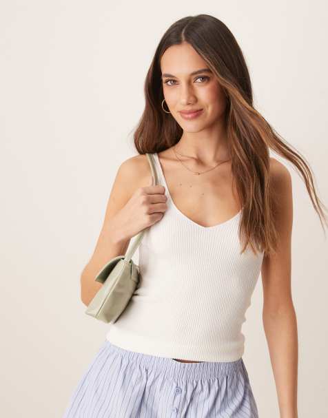 Vila rib knit v neck tank top in white - view 1