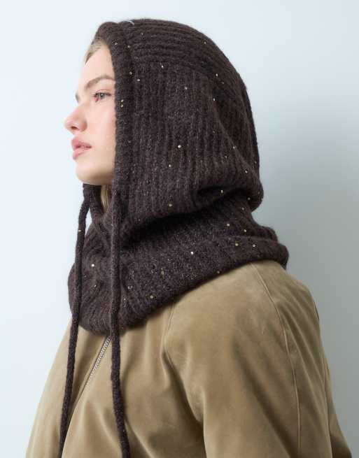 Vila rib knitted balaclava in chocolate brown, 2 of 3