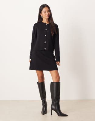Vila Ribbed Cardigan With Hammered Silver-tone Buttons In Black