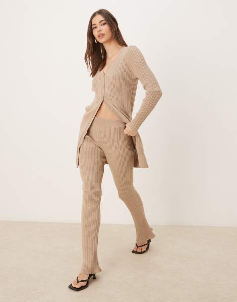 Vila ribbed flare trouser co-ord in tan - view 1