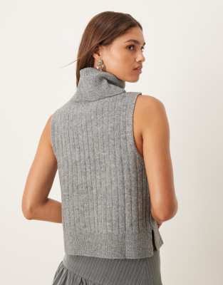 Vila Ribbed High Neck Sleevless Knit Vest In Gray