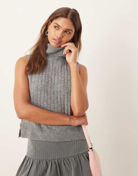 Vila ribbed high neck sleevless knitted vest in dark grey - view 1
