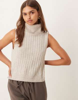Vila Vila ribbed high neck sleevless knitted vest in natural melange-Neutral