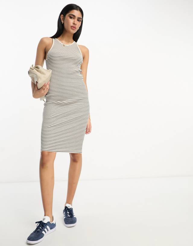 Vila - ribbed jersey racer neck mini dress in black stripe