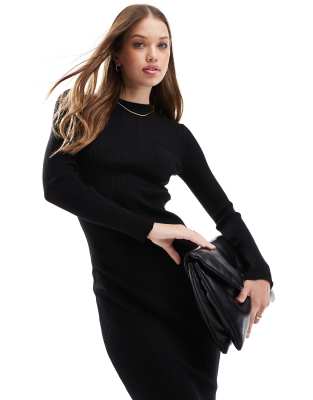 ribbed knit bodycon midi dress in black