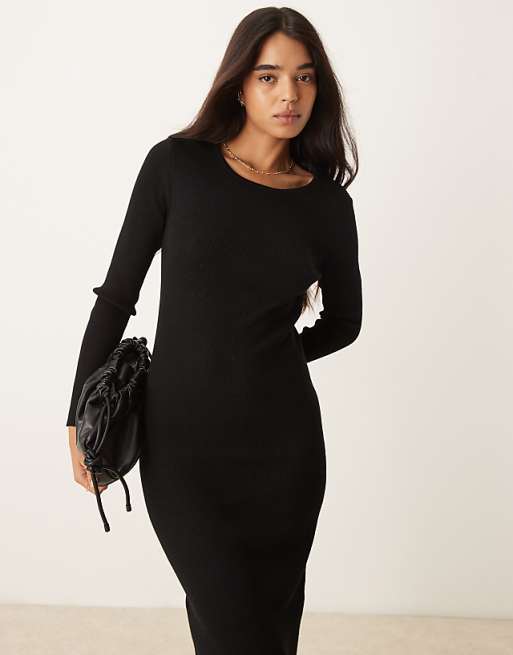 long sleeve knit midi dress Smocked Bodice - XS(0-2) High boat neckline Vila ribbed knit long sleeve
