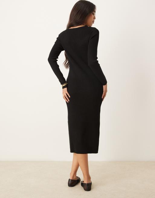 Vila ribbed knit long sleeve midi dress in black