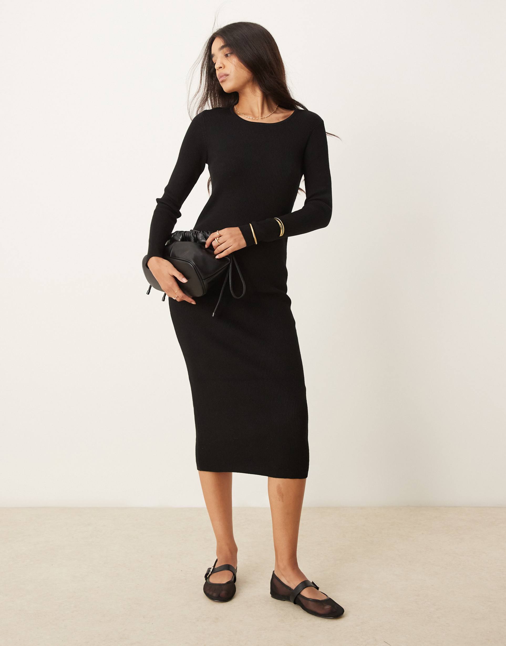 vila ribbed knit long sleeve midi dress in black
