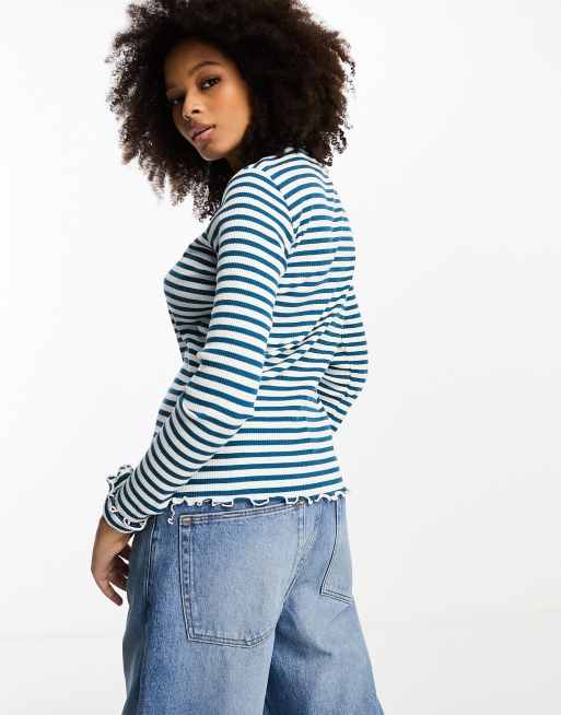 Striped Lettuce Edge Long Sleeve Top