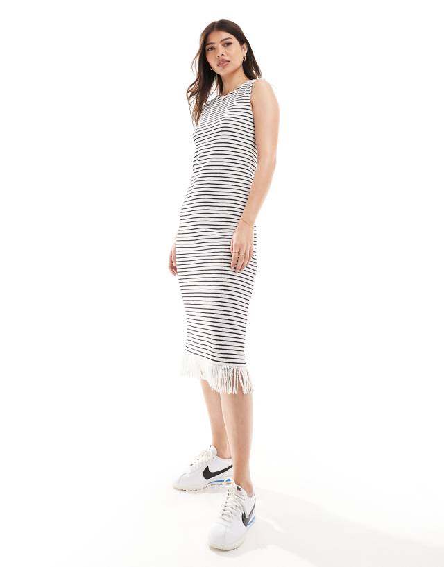 Vila - ribbed midi tank dress with fringed hem in mono stripe