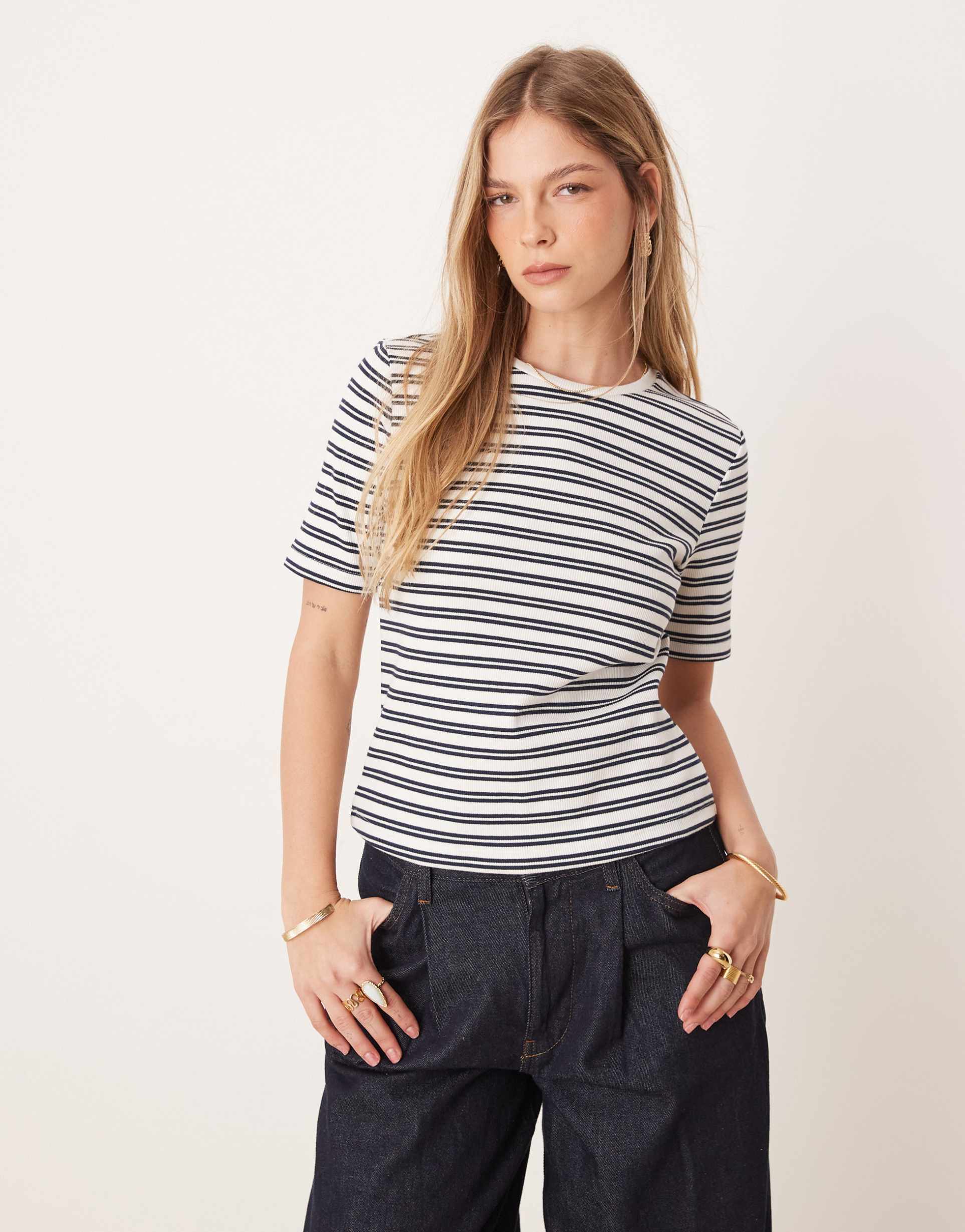 vila ribbed short sleeve tee in navy and white stripe