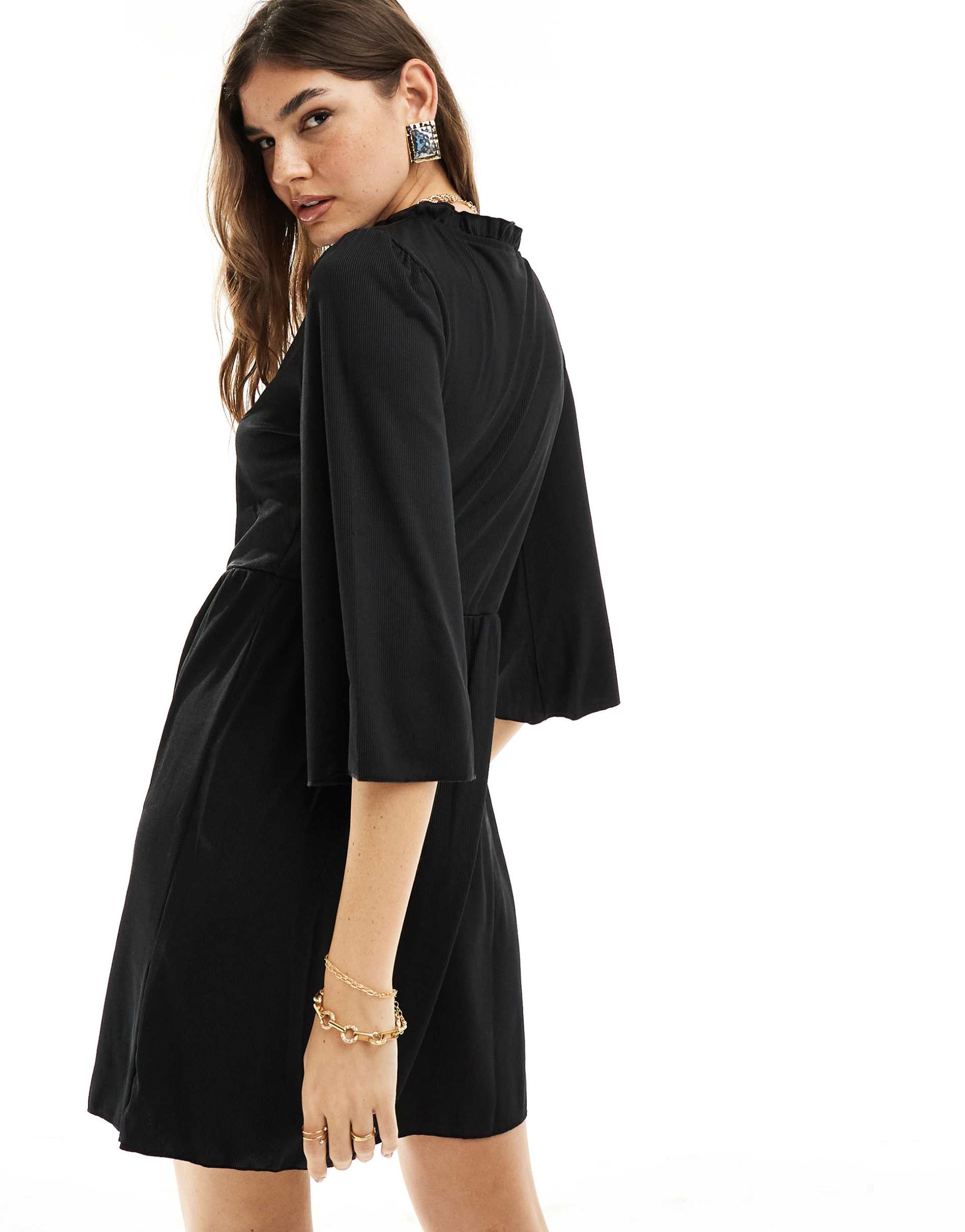 vila ribbed t-shirt mini dress with bell sleeves in black