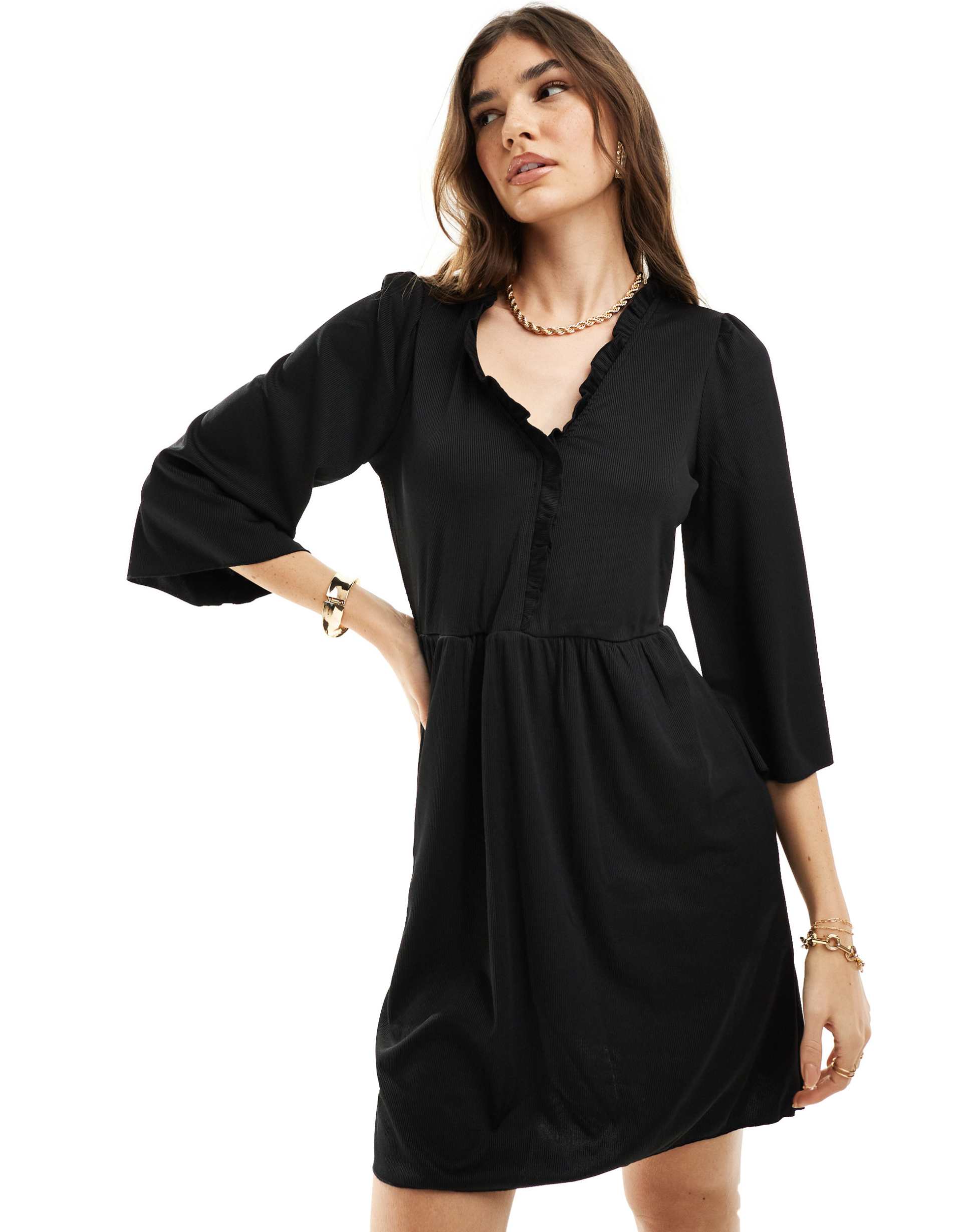 vila ribbed t-shirt mini dress with bell sleeves in black