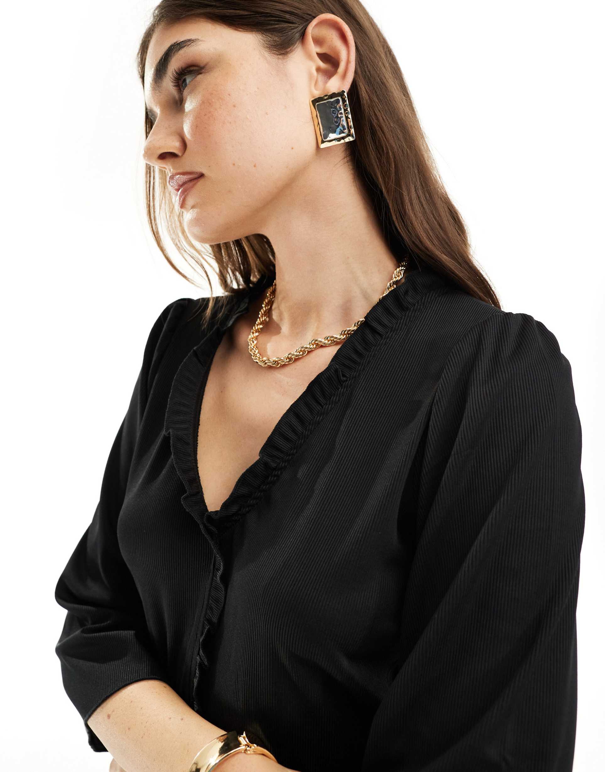 vila ribbed t-shirt mini dress with bell sleeves in black