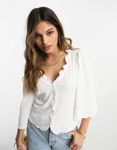Vila ribbed t-shirt with bell sleeve in whites - view 1