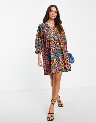 Vila v neck mini smock dress in bright floral - ASOS Price Checker