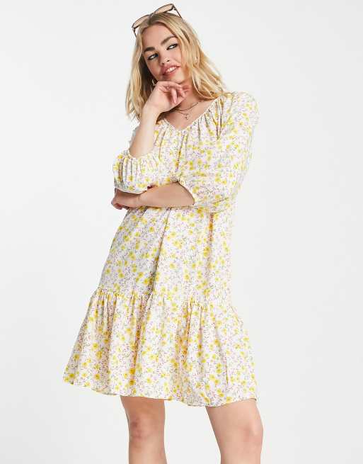 Vila - Robe babydoll courte à petites fleurs - Blanc et jaune, 3 de 4