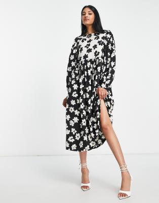 Vila smock midi dress in mono bold floral - ASOS Price Checker
