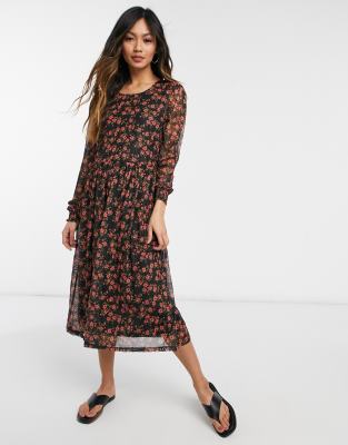 Vila midi smock dress in red floral print - ASOS Price Checker