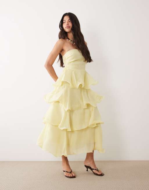 VILA - Robe bandeau longue et structurée à volants étagés - Jaune pastel