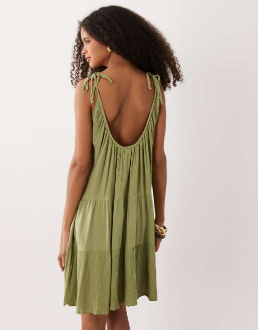VILA - Robe caraco courte en gaze à volants et bretelles nouées - Vert mousse, 2 de 4