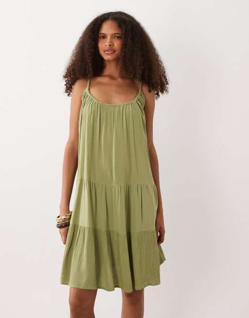 VILA - Robe caraco courte en gaze à volants et bretelles nouées - Vert mousse, 4 de 4