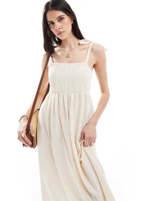 Vila - Robe caraco mi-longue avec bretelles nouées en broderie anglaise - Crème