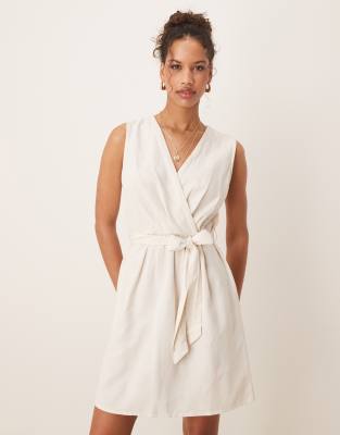 Robe courte cache-caur en lin mélangé avec ceinture nouée - Grège-Bleu 34