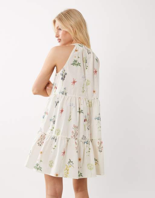 VILA - Robe courte dos nu à volants et imprimé fleurs champêtres - Crème, 3 de 4