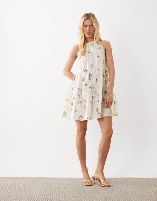 VILA - Robe courte dos nu à volants et imprimé fleurs champêtres - Crème, 4 de 4
