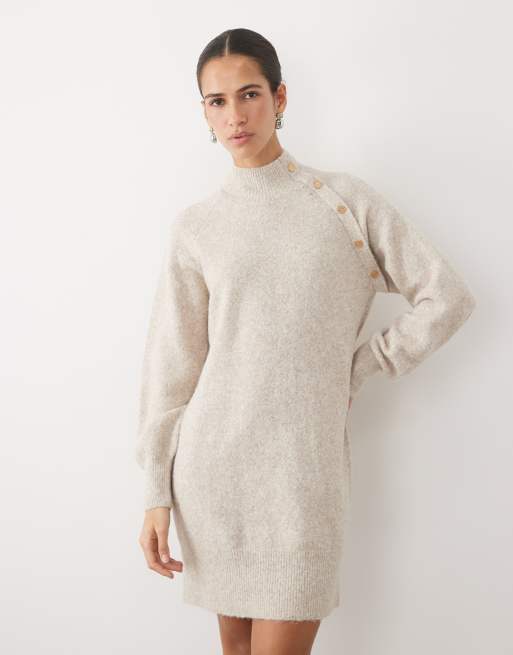 VILA - Robe courte en maille à col cheminée avec boutons dorés - Chiné naturel, 2 de 4
