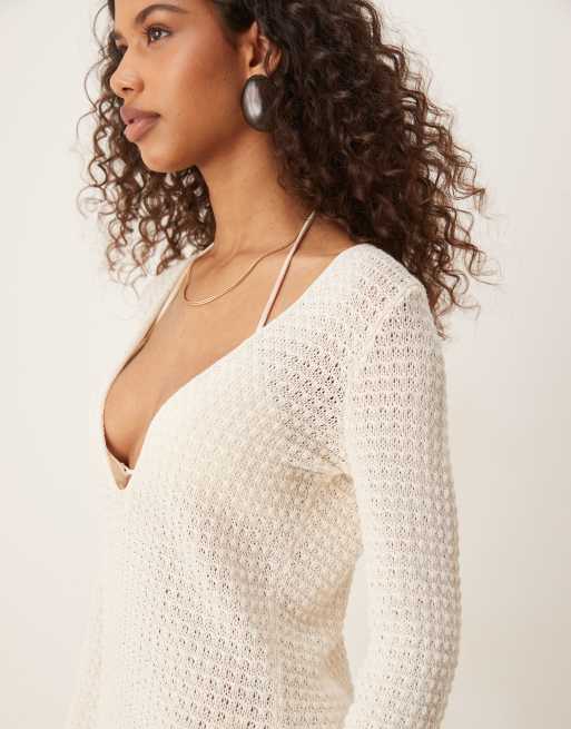 Vila - Robe courte en maille au crochet à manches longues - Crème, 2 de 4