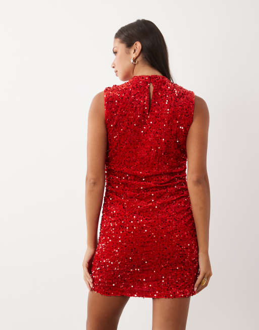 Vila robe courte sans manches en velours à sequins avec fronces rouge, 4 de 4
