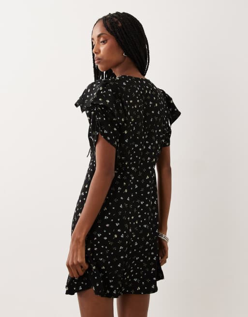 Vila - Robe courte tissée à petites fleurs avec manches à volants - Noir, 4 de 4