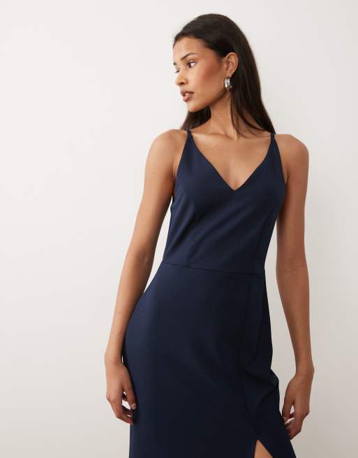 VILA - Robe longue à décolleté profond en V et fente sur la jambe - Bleu marine, 3 de 4