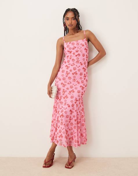 VILA - Robe longue à fines bretelles et encolure carrée en tulle - Rose fleuri - view 1