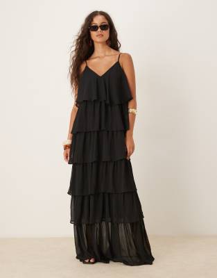 Robe longue à fines bretelles et volants - Noir 36