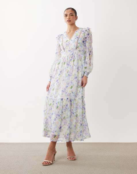 VILA - Robe longue à fleurs avec détails en dentelle effet échelle et volants - Blanc - view 1