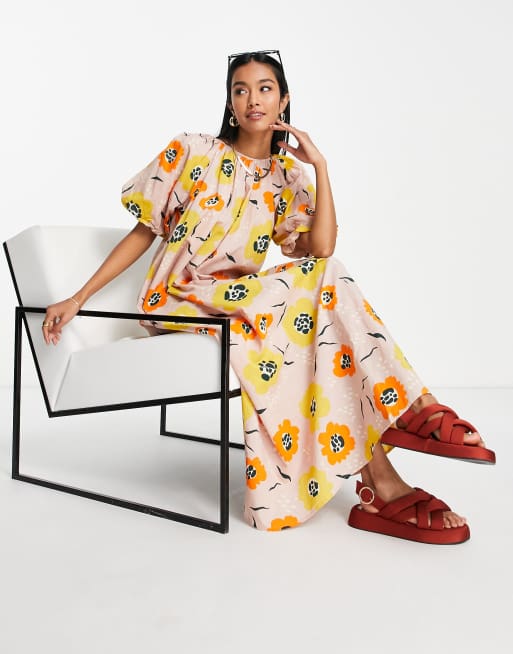 Vila - Robe longue à manches volumineuses et imprimé à grandes fleurs - Couleurs vives