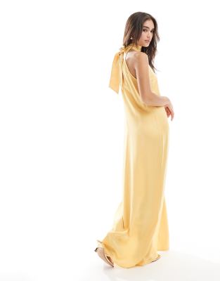 Vila halterneck maxi dress with tie neck in cornsilk yellow